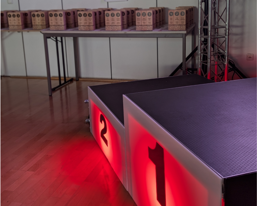 Siegerehrung 2024, Nahaufnahme Siegerpodest mit Pokalen im Hintergrund